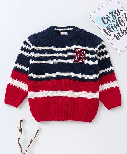 Babyhug Full Sleeves Pull Over Sweater Striped - Blue & Red