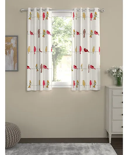 Soul Fiber 100% Cotton Window Curtains Set Bird Print Pack of 2 - White Red