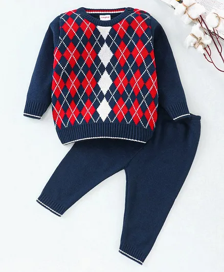 Babyhug Full Sleeves Sweater & Bottoms Diamond Design - Navy Blue