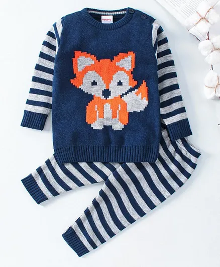 Babyhug Full Sleeves Sweater Set Fox Design - Navy