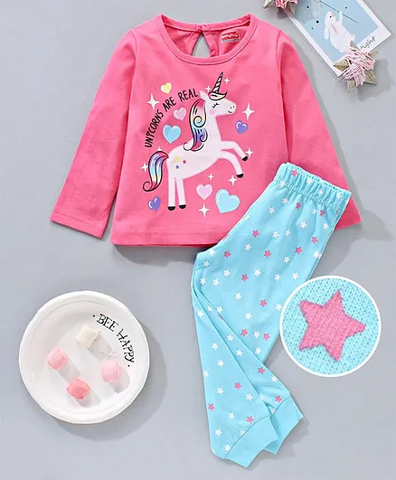 Babyhug Full Sleeves Biowash Night Suit Unicorn Print - Pink