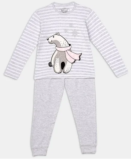 Nap Chief Full Sleeves Snuggle Bear Print Striped Night Suit - Grey