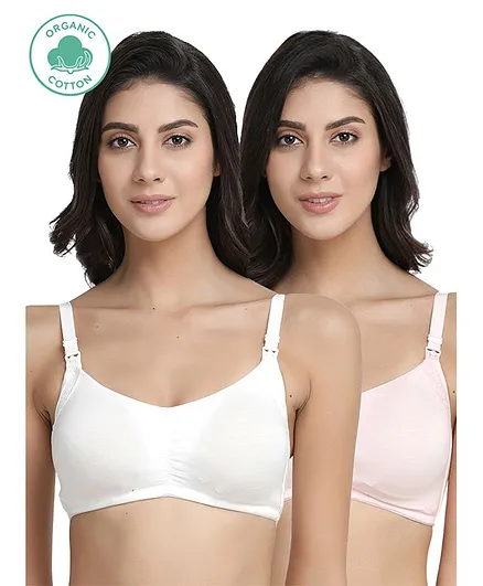 Inner Sense Pack Of 2 Organic Cotton Antimicrobial Solid Colour Nursing Bra - White & Pink