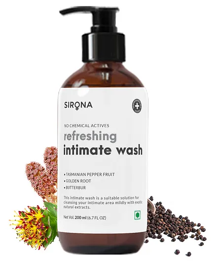Sirona Natural Refreshing pH Balanced Intimate Wash - 200 ml, Made with Tasmanian Pepper Fruit, Rhodiola Rosea & Butterbur Root