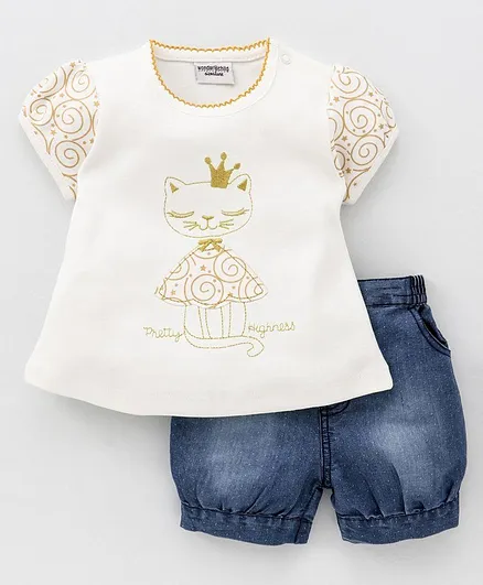 Wonderchild  Short Sleeves Kitty Design Top With Shorts - White