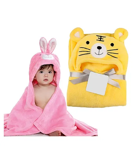 10Club Hooded Baby Blankets Pack of 2 Bunny & Tiger - Pink & Yellow