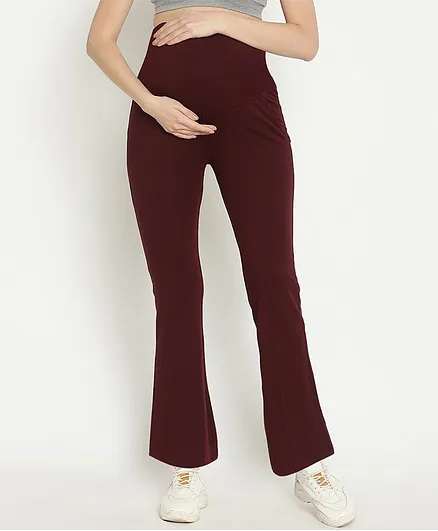 Wobbly Walk Solid Colour High Waist Boot Cut Maternity Pants - Maroon