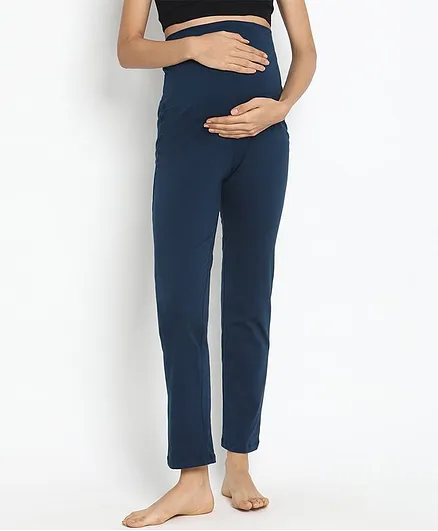 Wobbly Walk Full Length Solid High-Waist Maternity Casual Pants - Indigo Blue