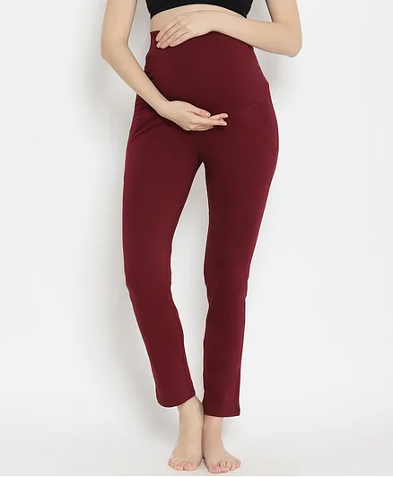 Wobbly Walk Full Length Solid High-Waist Maternity Casual Pants - Wine