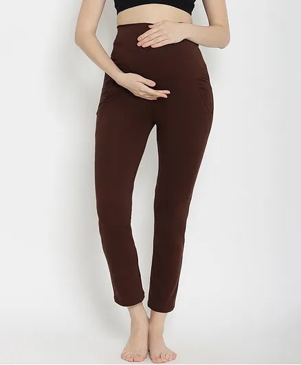 Wobbly Walk Full Length Solid High-Waist Maternity Casual Pants - Brown