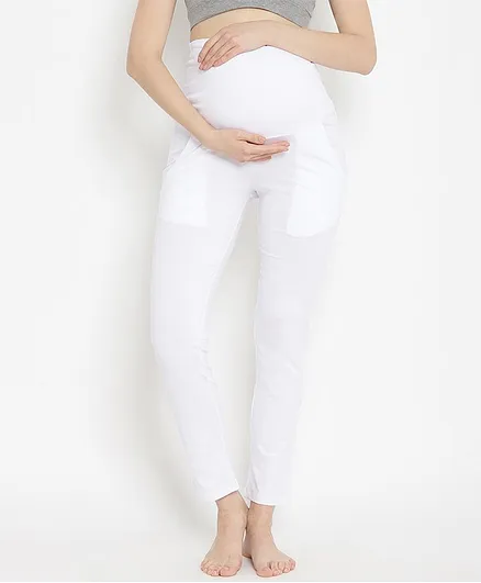 Wobbly Walk Full Length Solid High-Waist Maternity Casual Pants - White
