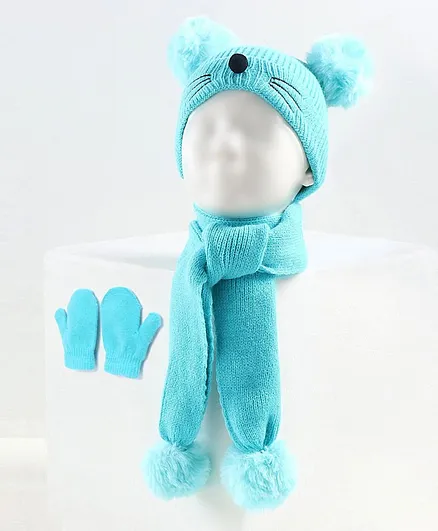 Babyhug Woollen Cap with Muffler Blue - Diameter 9 cm