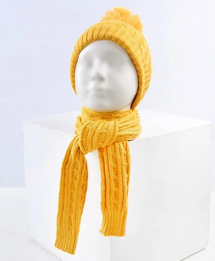 Babyhug Woollen Cap with Muffler Yellow - Diameter 11.5 cm