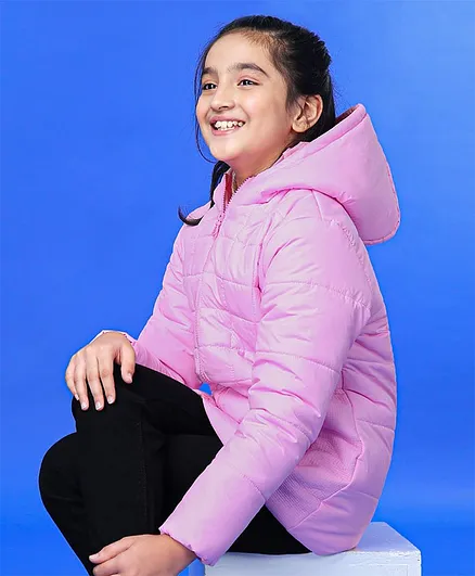 Pine Kids Full Sleeves Medium Winter Wear Quilted Hooded Jacket - Pink