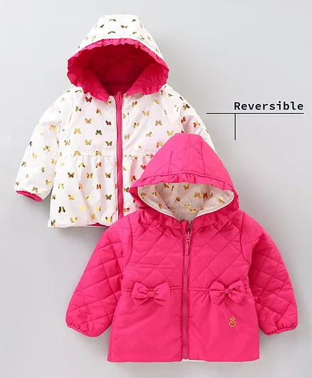 Babyoye Full Sleeves Hooded Reversible Jacket Bow Appliques  - Pink White