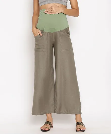 Wobbly Walk Full Length Solid Color Maternity Crop Flare Palazzo Pants - Olive Green