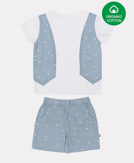 Nino Bambino Half Sleeves Organic Cotton Polka Dots Printed Tee With Shorts - White & Blue
