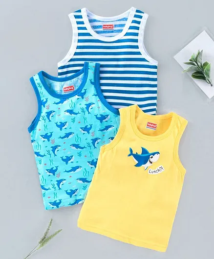 Babyhug Sleeveless 100% Cotton Vests Shark Print Pack of 3 - Blue & Yellow