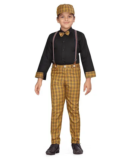 AJ Dezines Full Sleeves Shirt With Checked Pants & Suspenders With Bow Tie & Cap - Yellow