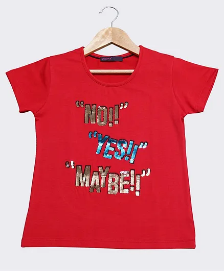 Ziama Short Sleeves Sequined Text Top - Red