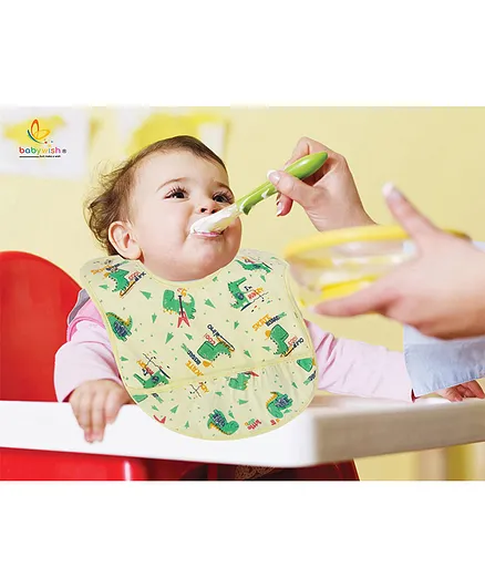 babywish Food Catcher Bib Dino Print - Yellow