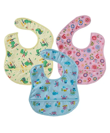 babywish Food Catcher Printed Bib Pack of 3 - Yellow, Pink, Blue