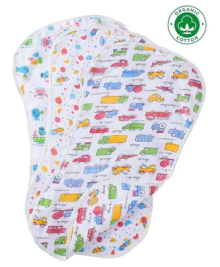 babywish Organic Burp Cloths Car Space Marine Print Pack of 3 - Multicolour