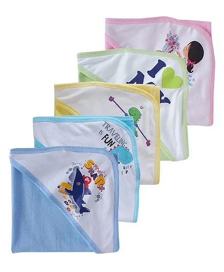 babywish 100% Terry Cotton Hooded Bath Towels Text Print Pack of 5 - Blue Green Yellow Pink