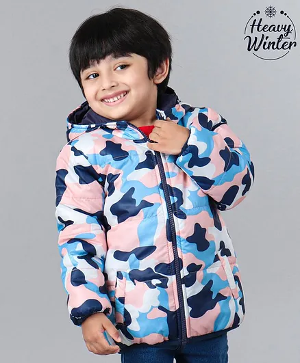 Babyoye Full Sleeves Camouflage Reversible Hooded Padded Jacket Car Embroidery - Navy Blue Pink