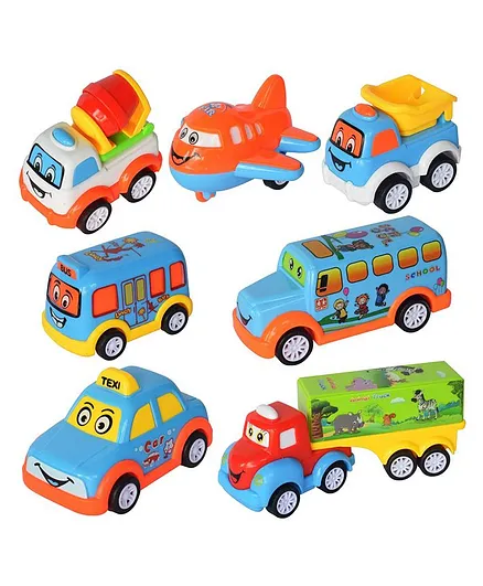 Wishkey Pull Back Miniature Cartoon Themed Cars Pack Of 7 - Multicolor