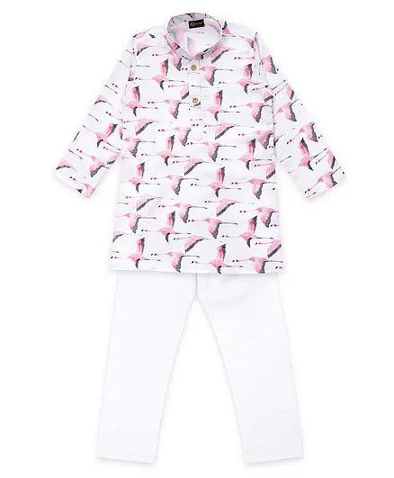 AJ Dezines Full Sleeves Flamingo Print Kurta With Pajama - Pink