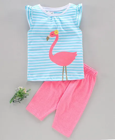 Simply Cap Sleeves Top & Leggings Flamingo Print - Blue Pink