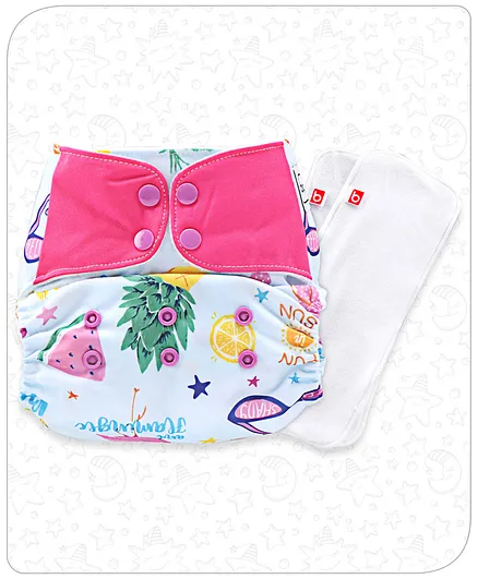 Babyhug Free Size Reusable Flap Closure Cloth Diaper Fruits Print with 2 SmartDry Inserts - Blue