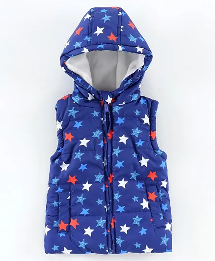 Babyhug Sleeveless Jacket with Hood Star Print - Blue