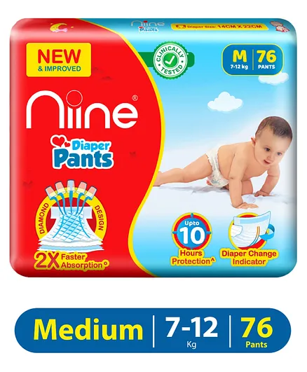 Niine Cottony Soft Baby Diaper Pants with Diaper Change Indicator for Overnight Protection Mega Pack Medium Size  7-12 KG 76 Pants