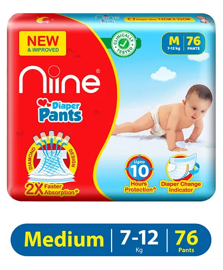 Niine Cottony Soft Baby Diaper Pants with Diaper Change Indicator for Overnight Protection Mega Pack Medium Size  7-12 KG 76 Pants