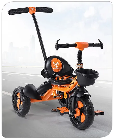 Babyhug Plug & Play Black Hawk Tricycle With Parental Push Handle & Storage Basket - Tiger Orange