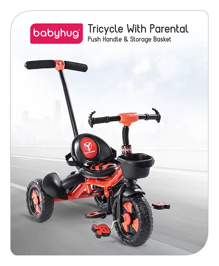 Babyhug Black Hawk Tricycle With Parental Push Handle & Storage Basket - Hot Red