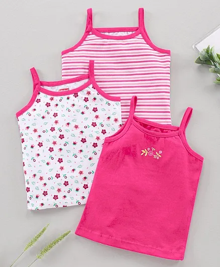 Babyhug 100% Cotton Singlet Slips Floral Print Pack of 3 - Pink White