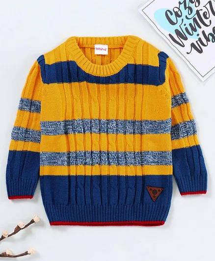 Babyhug Full Sleeves Stripes Sweater - Mustard Blue