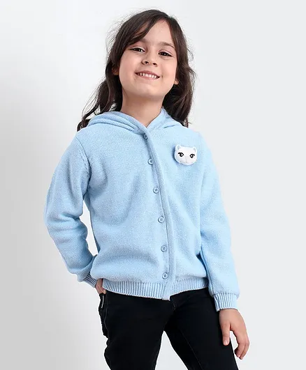 Babyhug Full Sleeves Front Open Sweater Kitty Applique - Blue