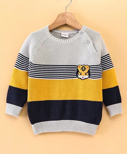 Babyhug Full Sleeves Stripe Sweater Tiger Embroidery - Grey Navy Blue Yellow