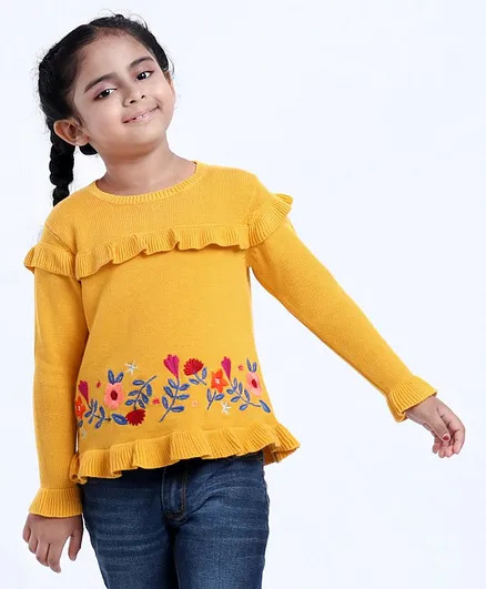 Babyhug Full Sleeves Sweater Floral Design - Yellow