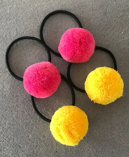 Kalacaree Set Of 4 Pom Pom Rubber Bands - Pink And Yellow