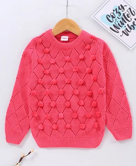 Babyhug Full Sleeves Sweater Pom Pom Applique - Pink