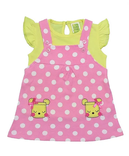 Clothe Funn Cap Sleeves Top With Polka Dotted Dress - Pink