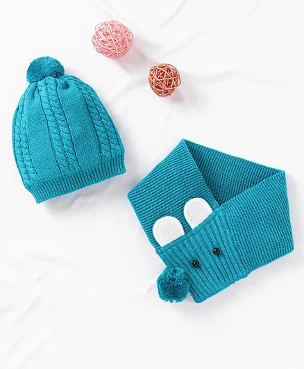 Babuhug Cotton Cable Knit Cap with Muffler - Blue