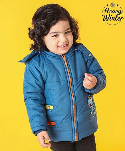 Babyoye Full Sleeves Hooded Padded Winter Jacket Dino Patch - Blue