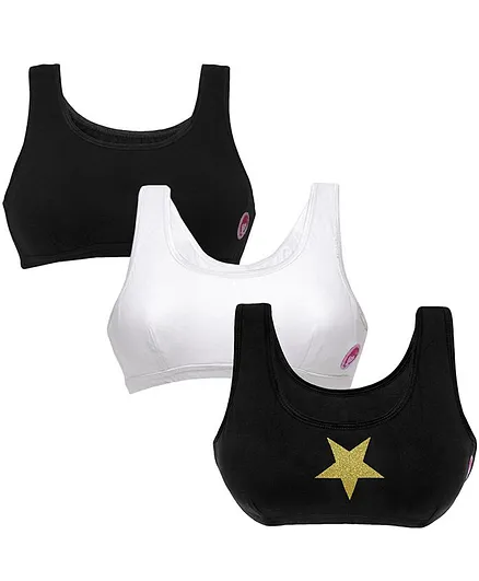 D'chica Pack Of 3 Solid & Star Printed Non Wired Beginner Bras - White & Black