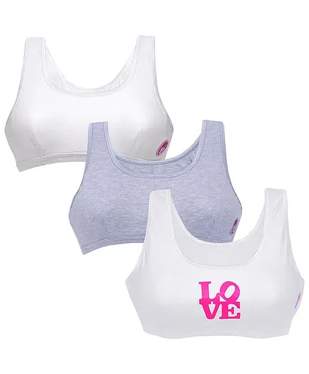 D'chica Pack Of 3 Solid & Love Printed Non Wired Beginner Bras - White & Grey